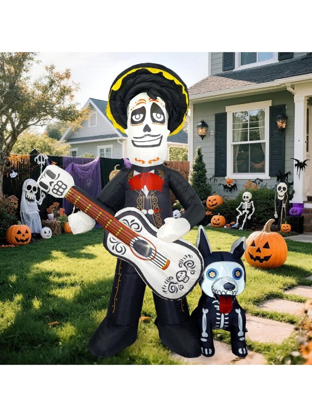 6 FT Dia De Los Muertos Inflatable Yard Decor - Spooky Sugar Skull & Skeleton